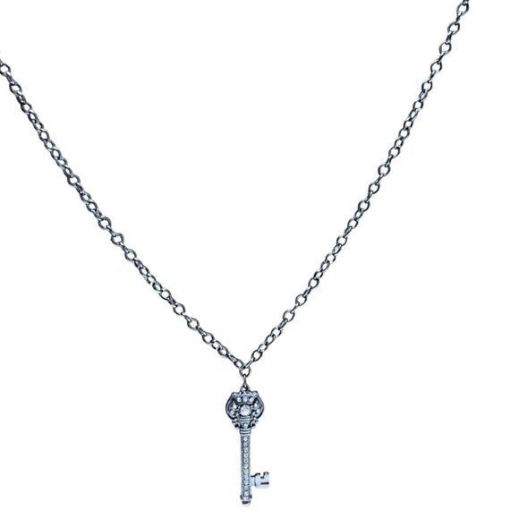Antique Skeleton Key Pendant Necklace Victorian Gothic Silver Tone Rhinestone - Picture 1 of 6